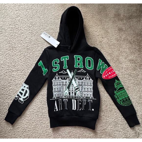 First Row Art Dept graphic fleece Varsity hoodie with patches Small New Nwt - Picture 1 of 12